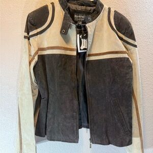 Rampage Two-Tone Leather Moto Racer Jacket in Brown and Cream